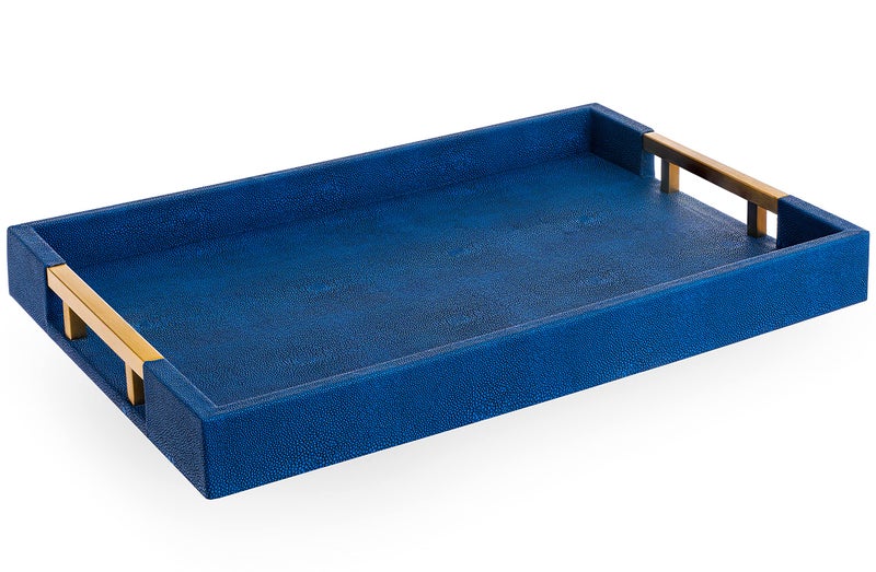 Home Redefined Modern Elegant 17.5â€x12â€ Rectangle Navy Blue Faux Leather Shagreen Decorative Tray Ottoman Tray Coffee Table Perfume Living Room Kitchen Serving Tray with Brass Gold Metal Handles by Home Redefined. - Image 1
